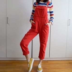 Distressed Cropped Denim Overalls